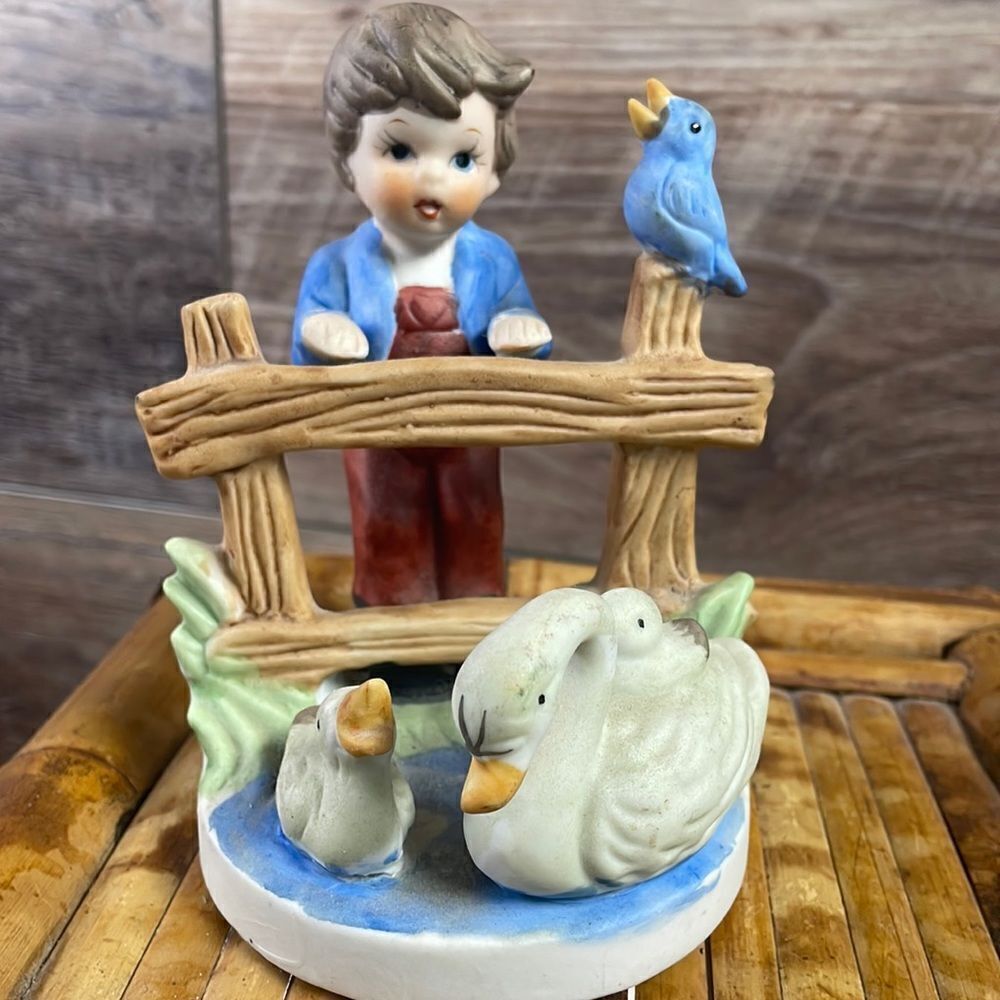 Hummel Style Unbranded Figurine Boy Standing Fence with Geese & Bird Taiwan, Vtg